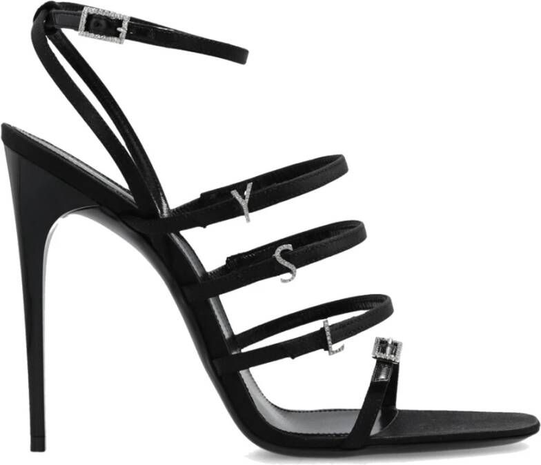 Saint Laurent Kristalversierde Satijnen Sandalen Black Dames