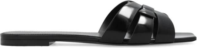 Saint Laurent Leren Slides met Patentdetail Black Dames