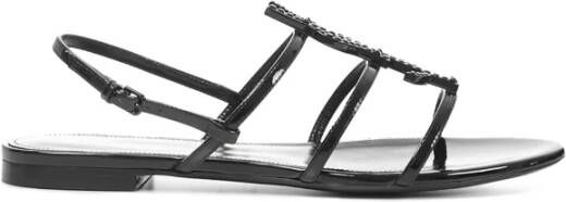 Saint Laurent Platte Sandalen met Zwart Chroom Monogram en Kristaldecoraties Zwart Dames