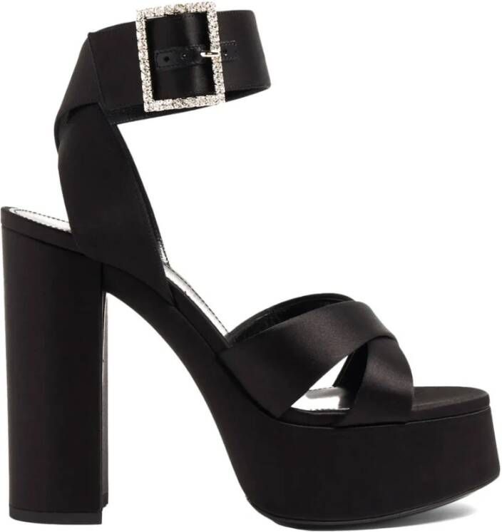 Saint Laurent Zwarte Satijnen Plateau Sandalen met Gekruiste Bandjes Black Dames