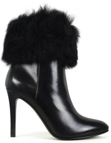 Saint Laurent Zwarte Leren en Bont Enkellaarzen Black Dames