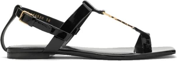 Saint Laurent Zwarte Leren Platte Sandalen Elegante Stijl Black Dames