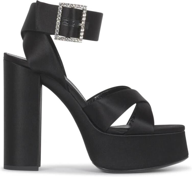 Saint Laurent Zwarte Satijnen Plateau Sandalen met Gekruiste Bandjes Black Dames