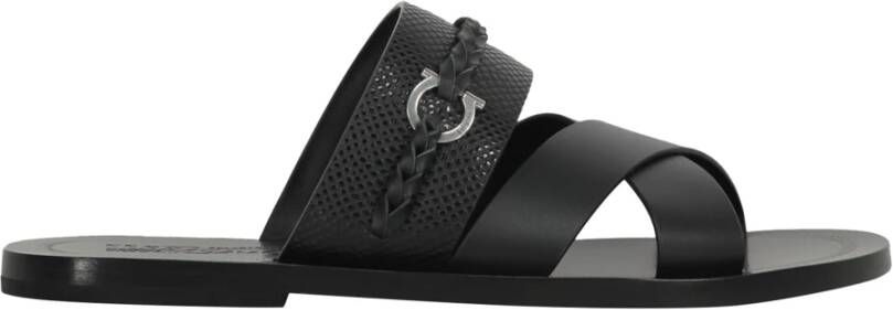 Salvatore Ferragamo Leren Slides Intrecciato Ronde Neus Kalf Black Heren