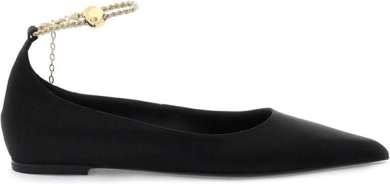 Salvatore Ferragamo Zijden ballet flats met gouden ketting enkelband Black Dames