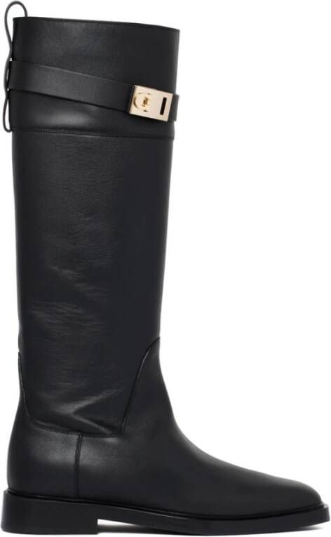 Salvatore Ferragamo Zwarte Leren Enkellaarzen Ruitersport Stijl Black Dames