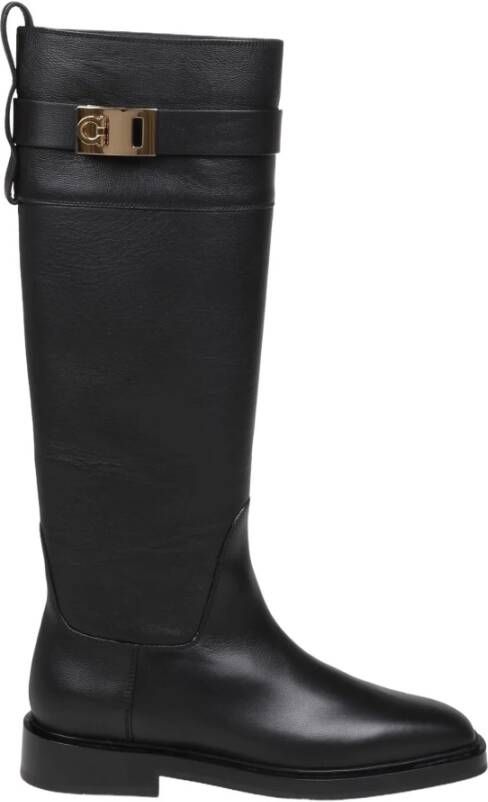 Salvatore Ferragamo Zwarte Leren Enkellaarzen Ruitersport Stijl Black Dames