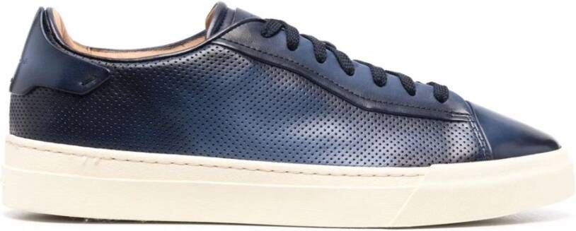 Santoni Blauwe Handgemaakte Geperforeerde Leren Sneaker Blue Heren