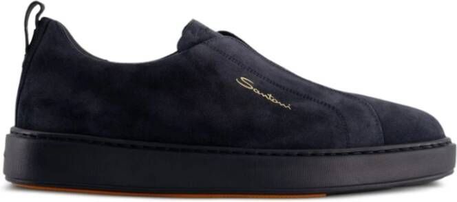 Santoni Blauwe Geborduurde Slip-On Sneakers Blue Heren