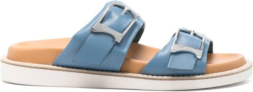 Santoni Blauwe Leren Casual Open Platte Sandalen Blue Dames