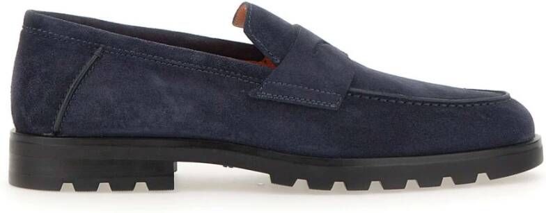 Santoni Blauwe Suède Mocassins met Uitsnede Blue Heren