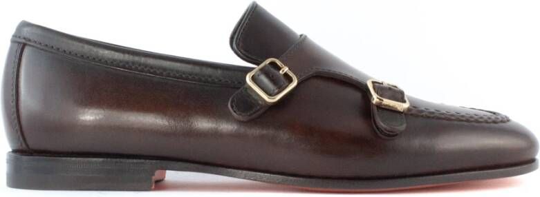 Santoni Bruin Leren Dubbele Gesp Loafer Brown Heren