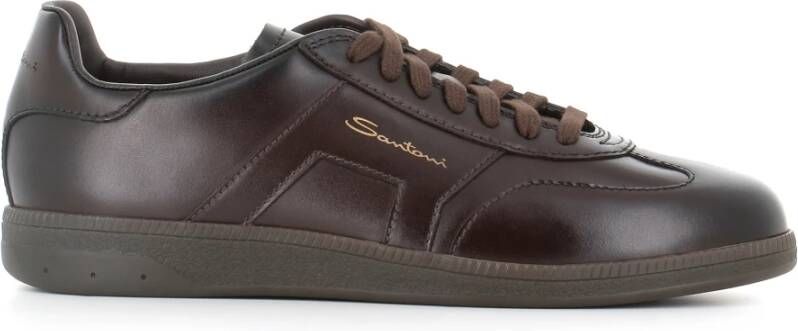 Santoni Bruine Leren Sneaker Ambachtelijk Gemaakt Brown Heren