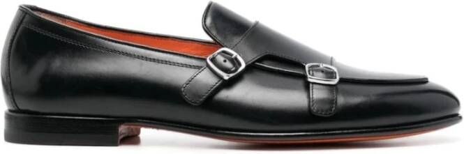 Santoni Dubbele gesp leren mocassins met leren zool Black Heren