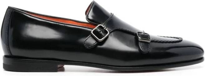 Santoni Zwarte Leren Loafers met erstelbare Gespsluiting Black Heren