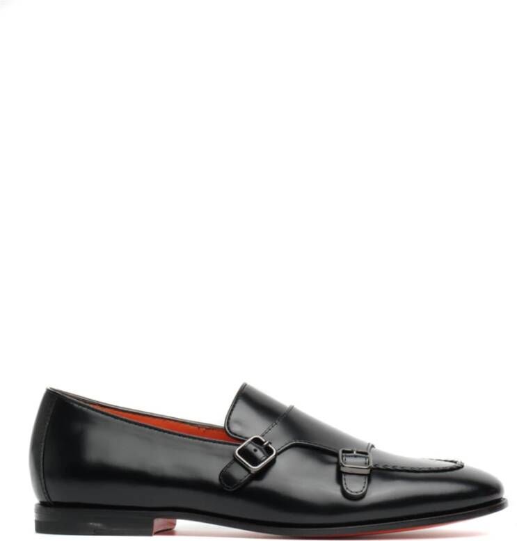 Santoni Zwarte Leren Loafers met erstelbare Gespsluiting Black Heren