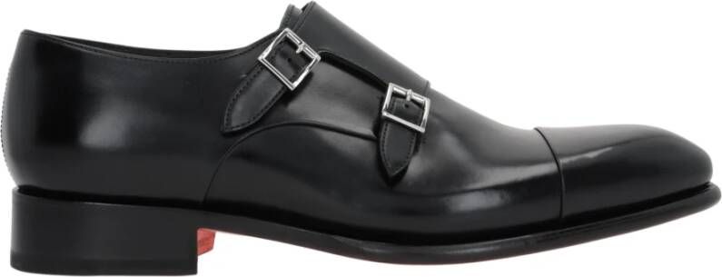 Santoni Zwarte Leren Monk Schoenen Black Heren