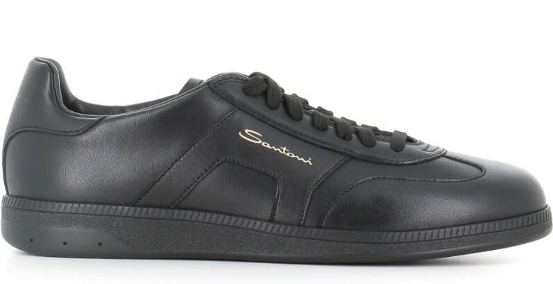 Santoni Zwarte leren sneaker ambachtelijk gemaakt Black Heren