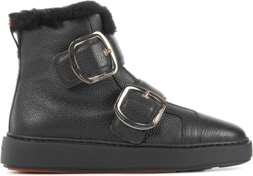 Santoni Zwarte Leren Enkellaarzen met Gespen Black Dames