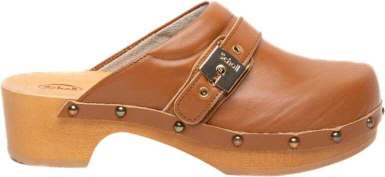 Scholl Houten Sandalen Bruin Leer Gesp Brown Dames