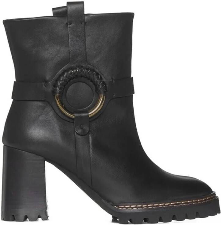 See by Chloé Zwarte Leren Enkellaarzen met Metalen Hardware Black Dames