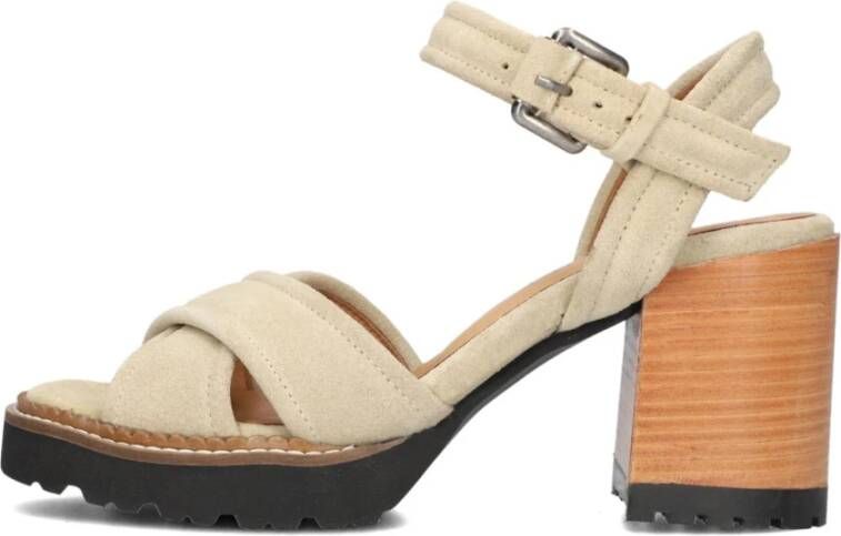 Shabbies Beige Leren Sandaal met Blokhak Beige Dames