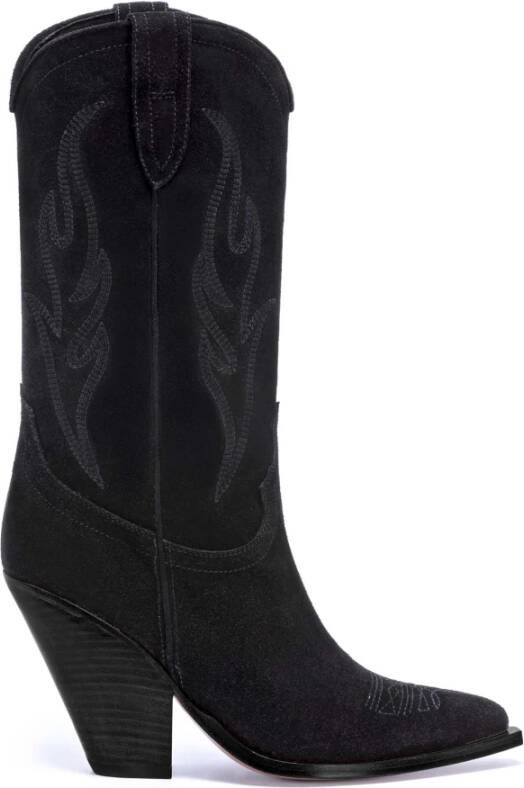 Sonora Zwarte Velours Cowboy Laarzen met Ton-sur-Ton Borduursel Black Dames