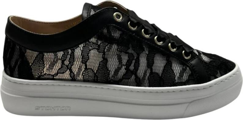 Stokton Kanten Sneaker met Leren Details Black Dames