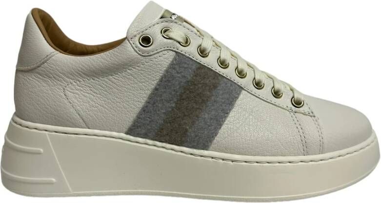 Stokton Witte leren sneakers met grijze en hazelnootkleurige stoffen streep White Dames