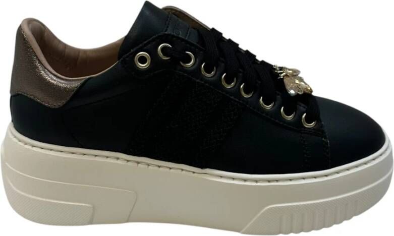 Stokton Zwarte leren sneaker met roségoud Black Dames