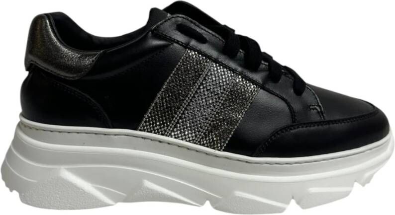 Stokton Zwarte leren sneakers met zilveren strass band Black Dames