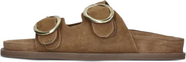 Strategia Cognac Suède Slippers met Gouden Gespen Brown Dames