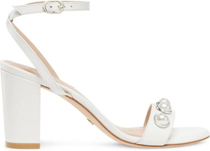 Stuart Weitzman Sandaal met Parelversiering en Blokhak White Dames