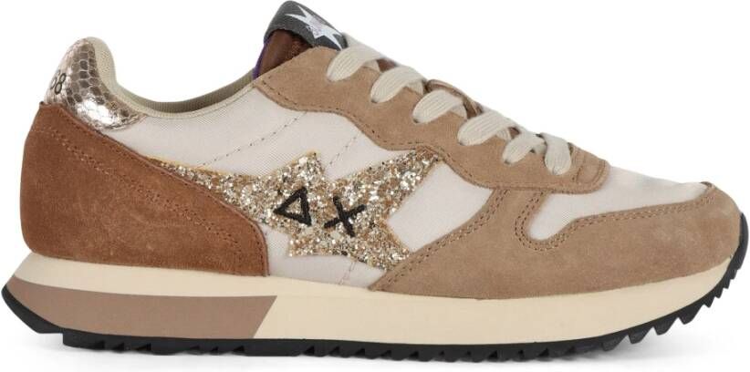 Sun68 Glitter Logo Leren Sneakers Beige Dames