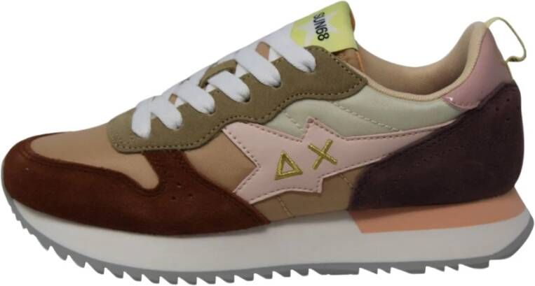 Sun68 Glitter Logo Sneakers van Leer en Stof Beige Dames