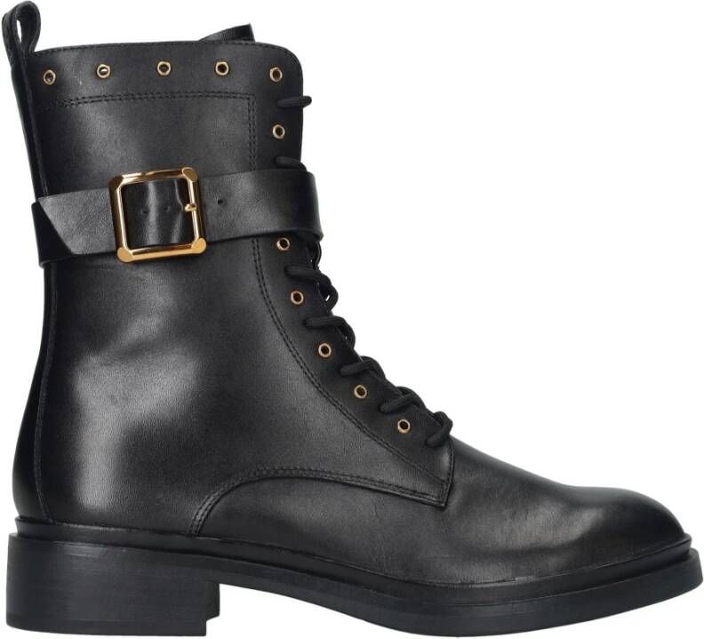 tamaris Zwarte leren veterschoen met gouden details Zwart Dames