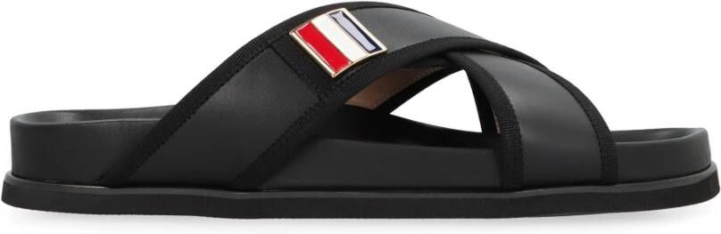 Thom Browne Leren slides met Grosgrain-lintdetails Black Heren