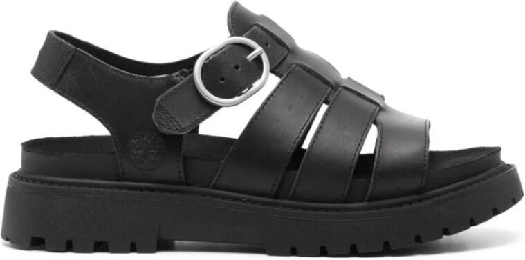 Timberland Zwarte Leren Sandalen Amandel Teen Band Black Dames