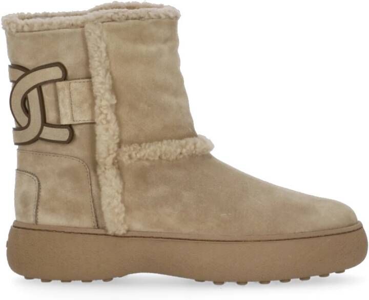 TOD'S Beige Suède Leren Enkellaarzen met Shearling Details Beige Dames