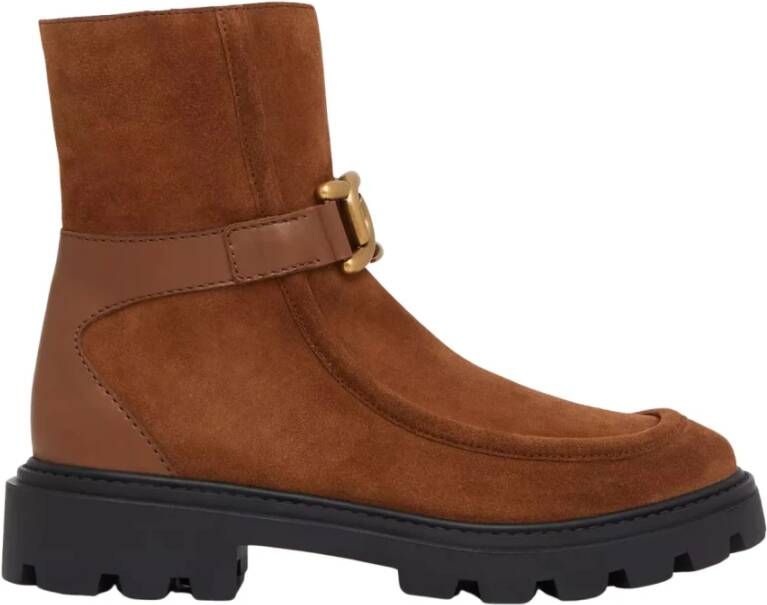 TOD'S Bruine Suède Enkellaarzen met Ketting Brown Dames