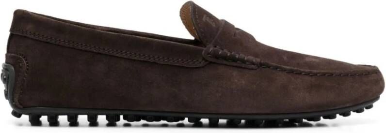 TOD'S Bruine Suède Platte Schoenen Geborduurd Logo Brown Heren