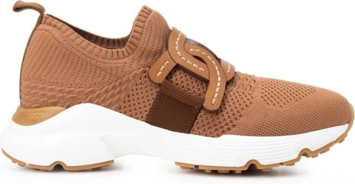 TOD'S Elastische Mesh Sneakers met Leren Ketting Bruin Dames