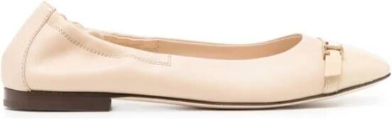 TOD'S Logo Strap Leren Ballerina's Off White Dames