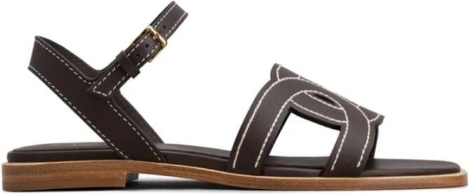 TOD'S Platte Leren Sandalen met Gelaagde Details Brown Dames