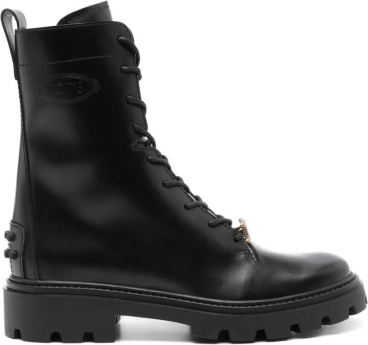 TOD'S Zwarte Kalfsleren Metalen Veterschoenen Black Dames