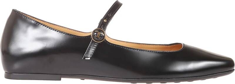 TOD'S Zwarte leren ballerina schoenen met iconische logoknop Black Dames