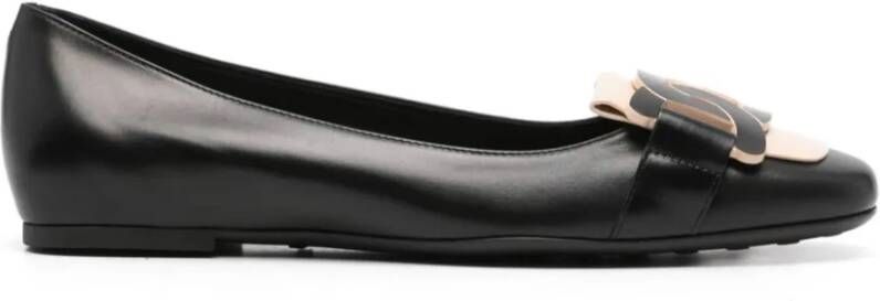 TOD'S Zwarte Leren Ballet Flats Kettingdetail Black Dames