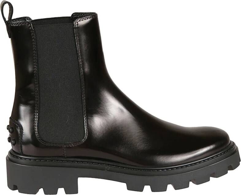 TOD'S Zwarte leren enkellaars rubberen zool Black Dames