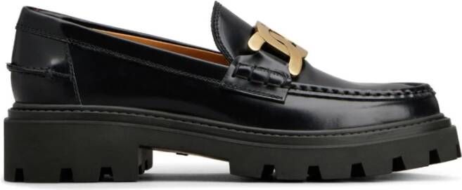 TOD'S Zwarte geborsteld leren mocassin met kettingdetail Black Dames