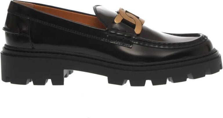 TOD'S Zwarte Leren Loafers met Kettingdetail Black Dames